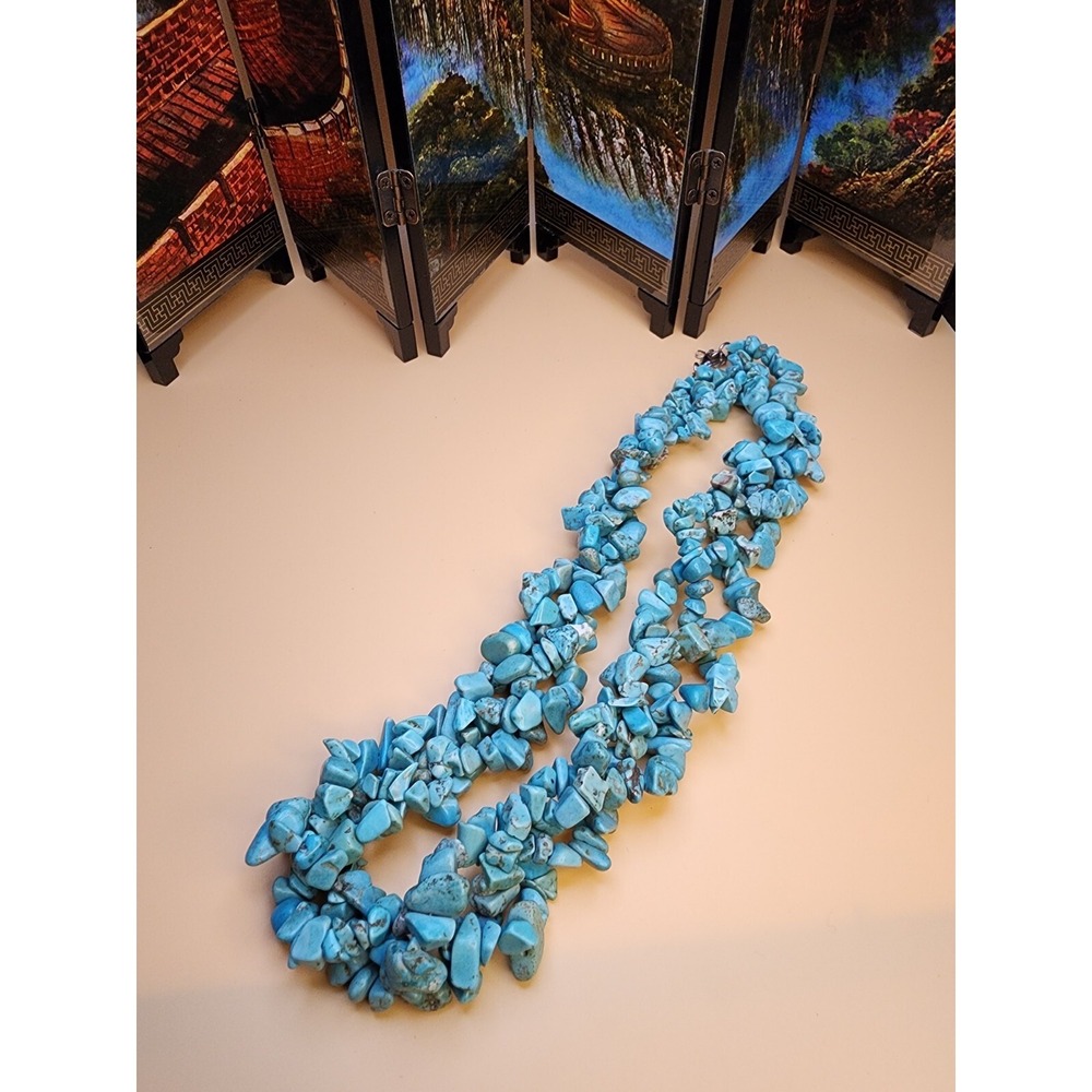 Vintage TURQUOISE Chip Necklace Chunky Strand Knotted Bead‎ 20" FREE $HIPPING!! - Picture 2 of 5